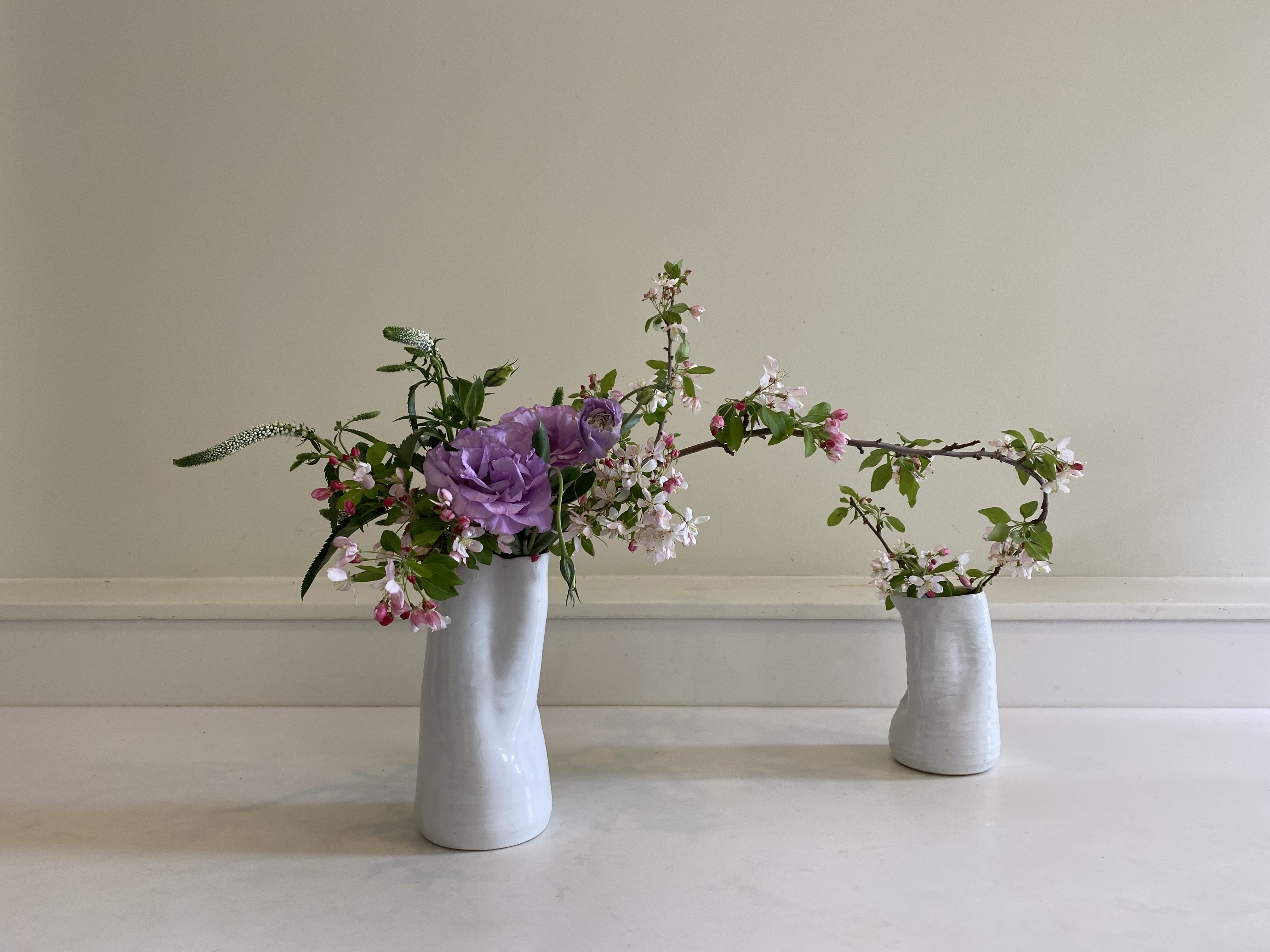 An ikebana arrangement made up of two vases